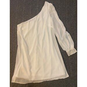 Sequin Hearts One-Shoulder Short Dress Small White Chiffon Studded Cuff Detail